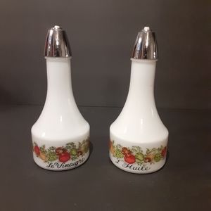 VINTAGE 70's "Spice of Life" GEMCO Oil/Vinegar Cruets- Milk Glass/Plastic Top.
